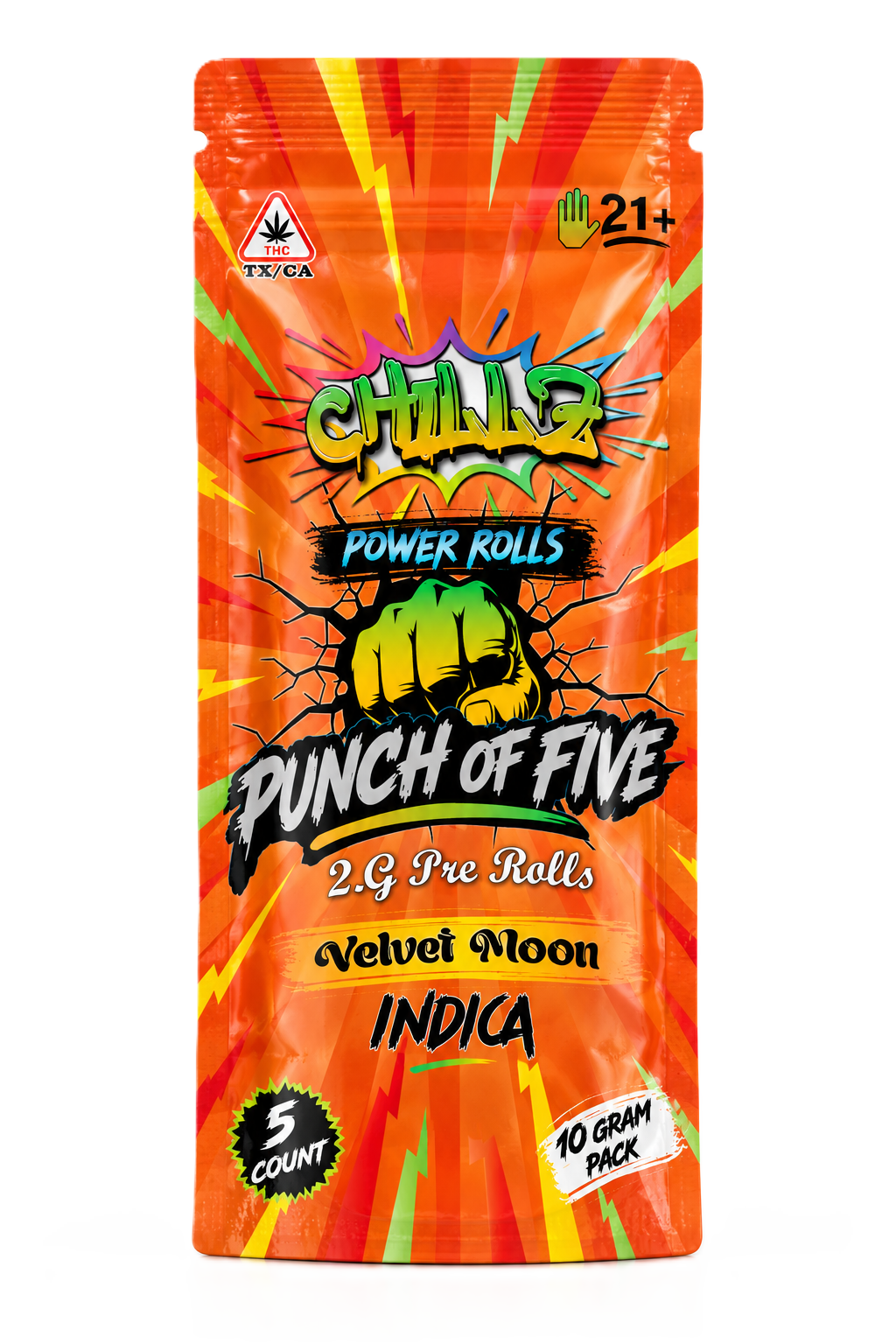 Chillz 2 Gram Punch of Five CBD + CBG Hemp Derived PreRolls Indica